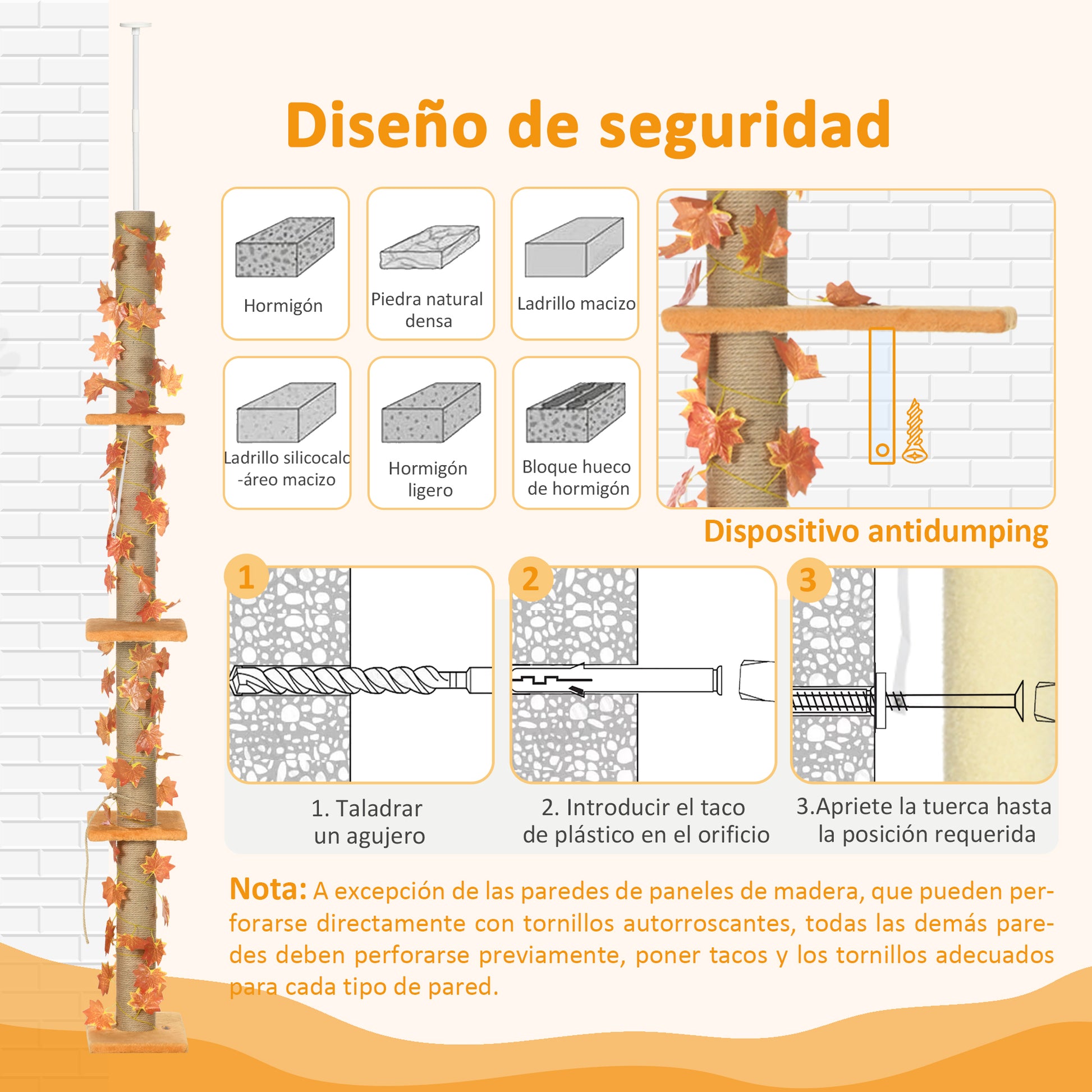Floor-to-Ceiling Cat Tree 202-242 cm Cat Tower with 3 Platforms Sisal Posts Adjustable Height and Orange Maple Leaf Decoration