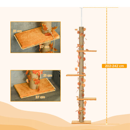 Floor-to-Ceiling Cat Tree 202-242 cm Cat Tower with 3 Platforms Sisal Posts Adjustable Height and Orange Maple Leaf Decoration