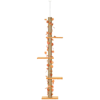 Floor-to-Ceiling Cat Tree 202-242 cm Cat Tower with 3 Platforms Sisal Posts Adjustable Height and Orange Maple Leaf Decoration