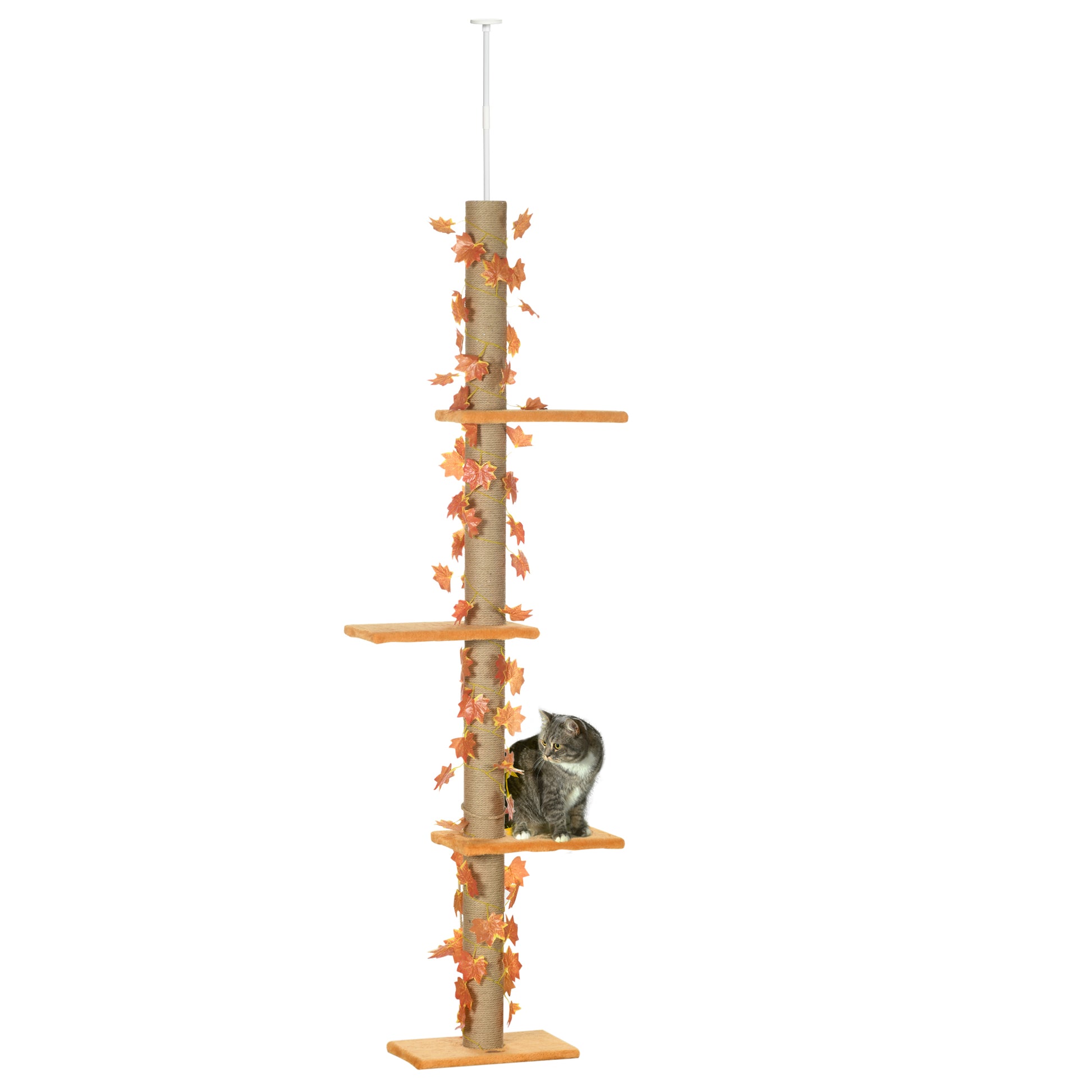 Floor-to-Ceiling Cat Tree 202-242 cm Cat Tower with 3 Platforms Sisal Posts Adjustable Height and Orange Maple Leaf Decoration