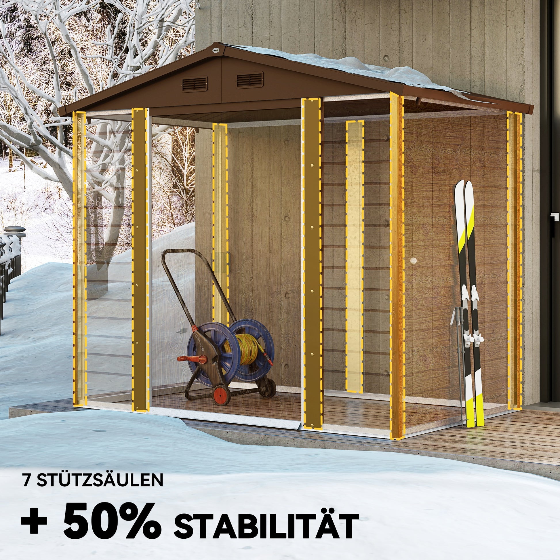 Metal Garden Equipment House in Wood-Optic 3 m² 152 x 235.7 x 208.7 cm Equipment Shed with Gable Roof Window Double Sliding Doors Weatherproof Garden House Outdoor Garden Shed for Backyard Brown