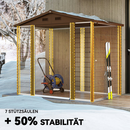 Metal Garden Equipment House in Wood-Optic 3 m² 152 x 235.7 x 208.7 cm Equipment Shed with Gable Roof Window Double Sliding Doors Weatherproof Garden House Outdoor Garden Shed for Backyard Brown