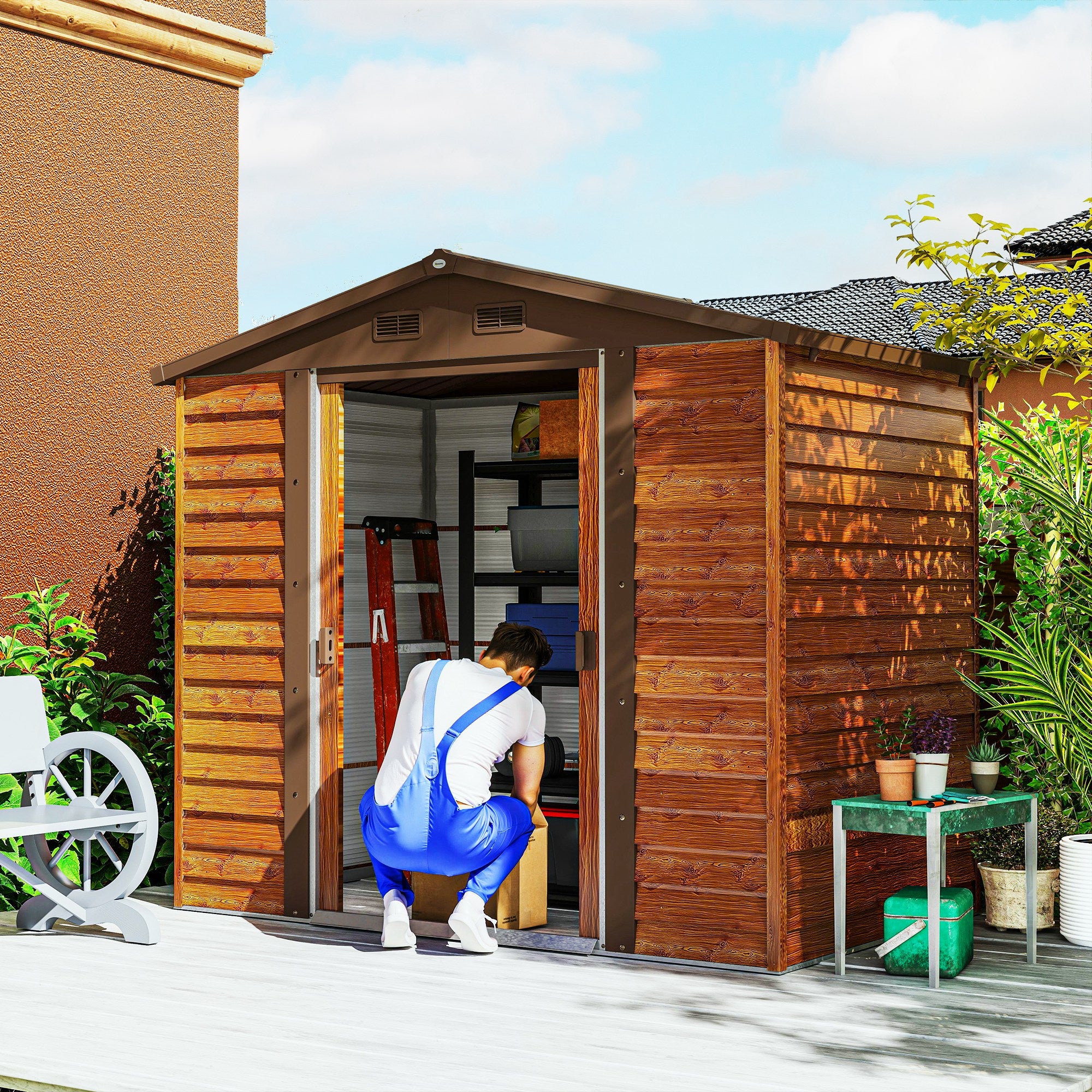 Metal Garden Equipment House in Wood-Optic 3 m² 152 x 235.7 x 208.7 cm Equipment Shed with Gable Roof Window Double Sliding Doors Weatherproof Garden House Outdoor Garden Shed for Backyard Brown