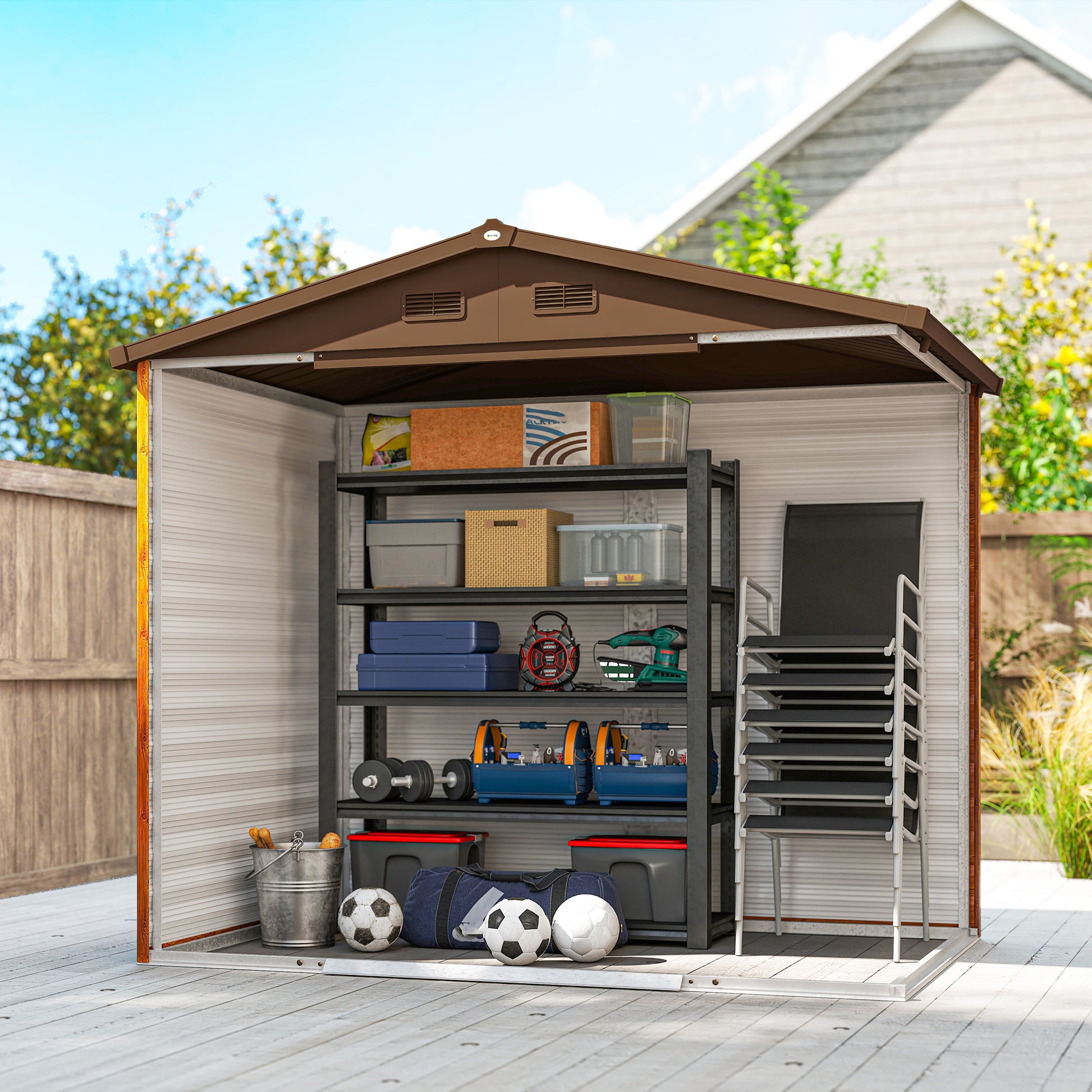 Metal Garden Equipment House in Wood-Optic 3 m² 152 x 235.7 x 208.7 cm Equipment Shed with Gable Roof Window Double Sliding Doors Weatherproof Garden House Outdoor Garden Shed for Backyard Brown