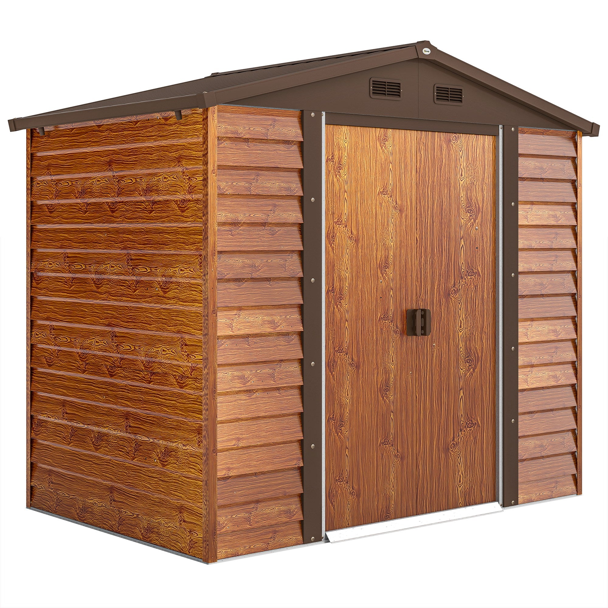 Metal Garden Equipment House in Wood-Optic 3 m² 152 x 235.7 x 208.7 cm Equipment Shed with Gable Roof Window Double Sliding Doors Weatherproof Garden House Outdoor Garden Shed for Backyard Brown