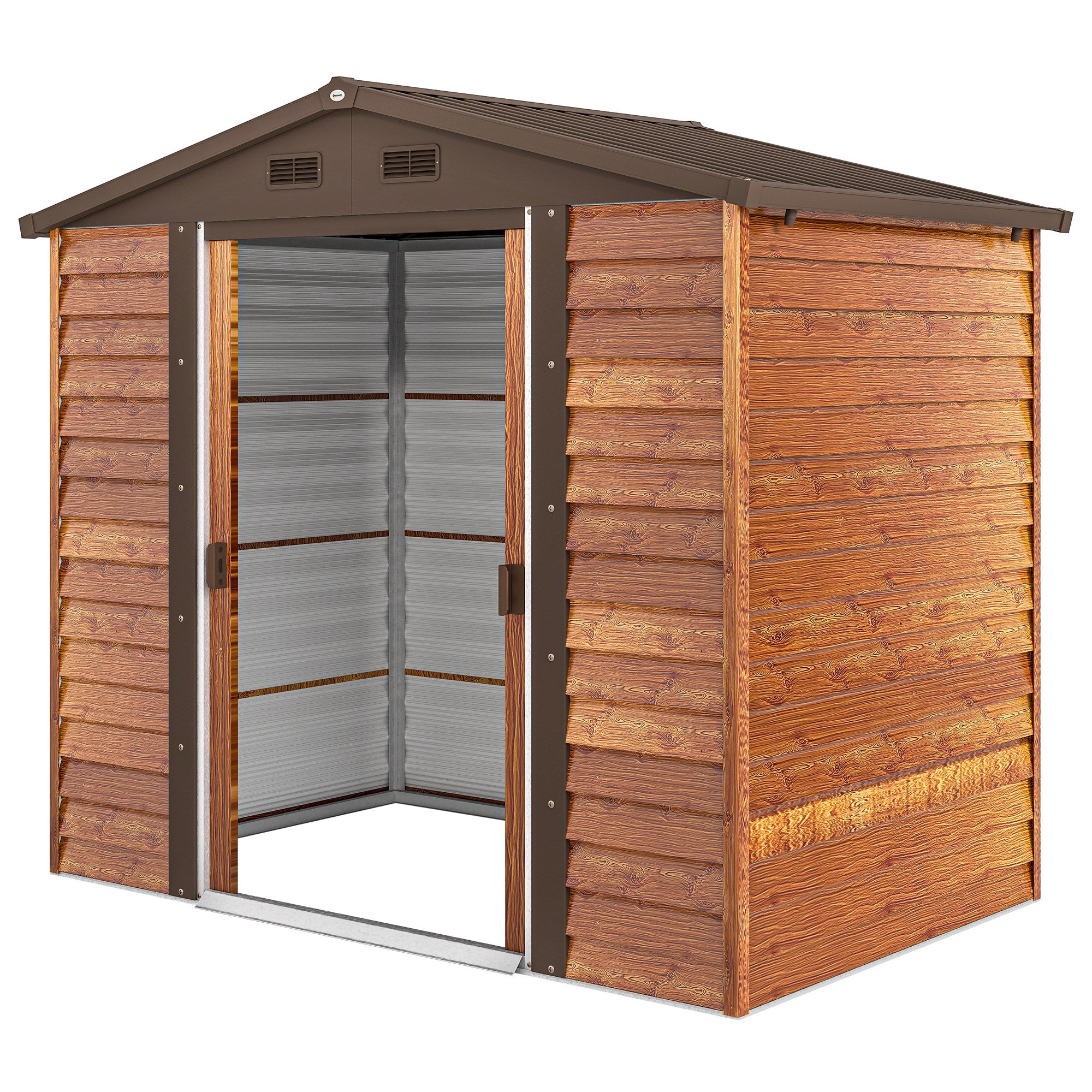 Metal Garden Equipment House in Wood-Optic 3 m² 152 x 235.7 x 208.7 cm Equipment Shed with Gable Roof Window Double Sliding Doors Weatherproof Garden House Outdoor Garden Shed for Backyard Brown