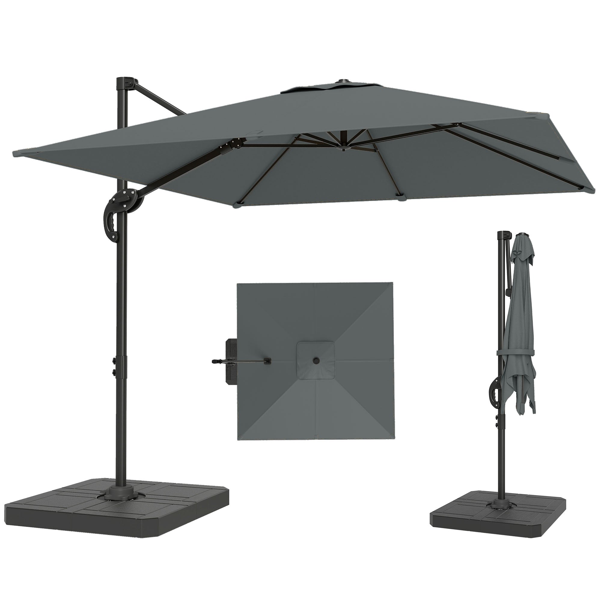 Aluminum Cantilever Umbrella Ø244 cm (8 ft) with Crank, Base Weights, Water-Resistant, 360° Swivel, Tiltable - Garden & Patio Parasol, Wind-Resistant, Dark Gray
