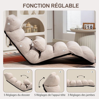 Single Lazy Sofa Bed Chair Convertible Armchair with Adjustable Backrest and Headrest in 5 Positions for Living Room Bedroom Office Load 120 Kg 58x119x78cm Beige