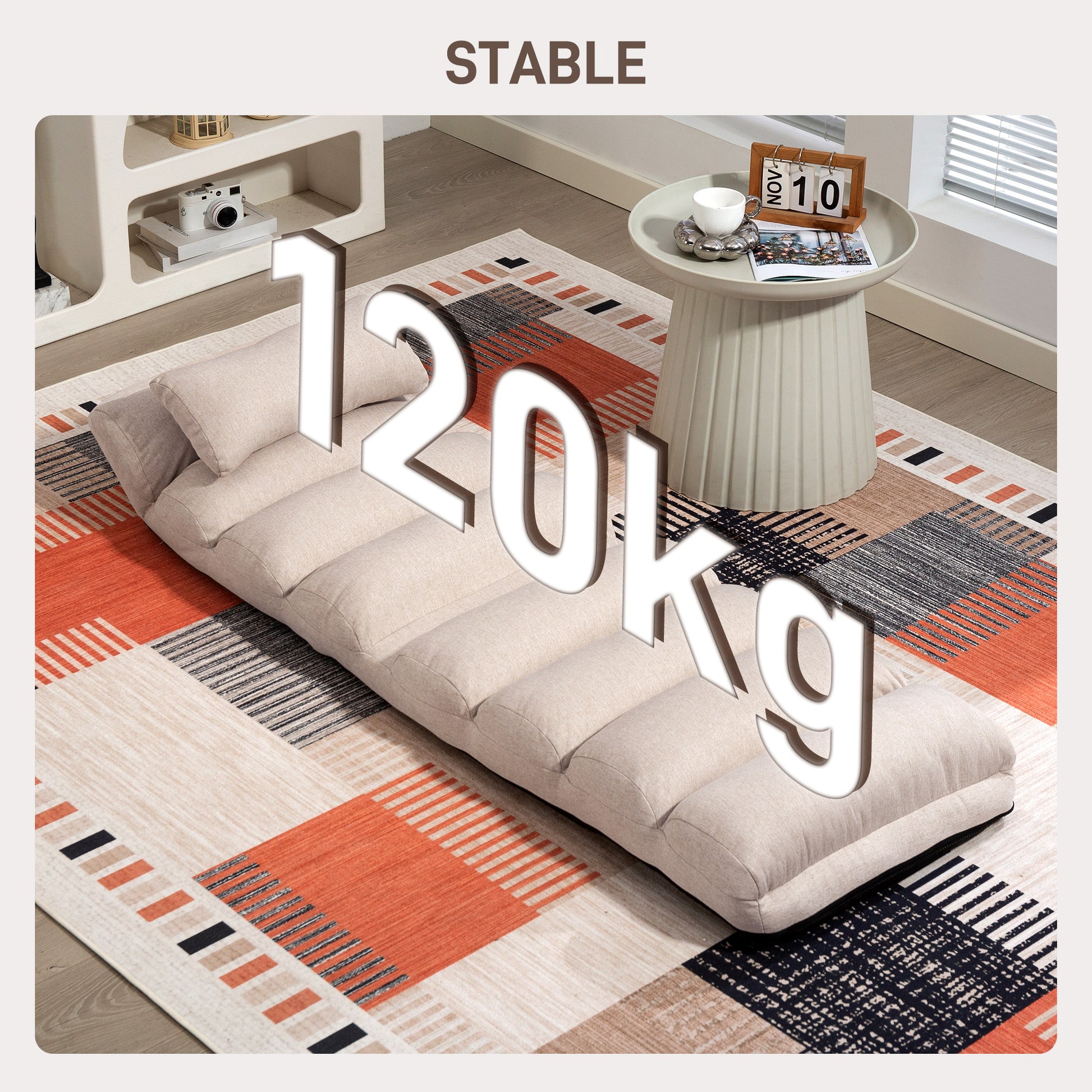 Single Lazy Sofa Bed Chair Convertible Armchair with Adjustable Backrest and Headrest in 5 Positions for Living Room Bedroom Office Load 120 Kg 58x119x78cm Beige