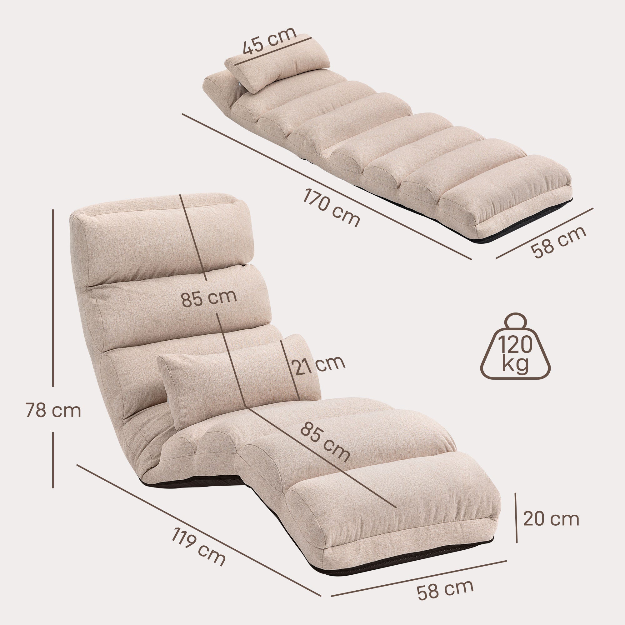 Single Lazy Sofa Bed Chair Convertible Armchair with Adjustable Backrest and Headrest in 5 Positions for Living Room Bedroom Office Load 120 Kg 58x119x78cm Beige