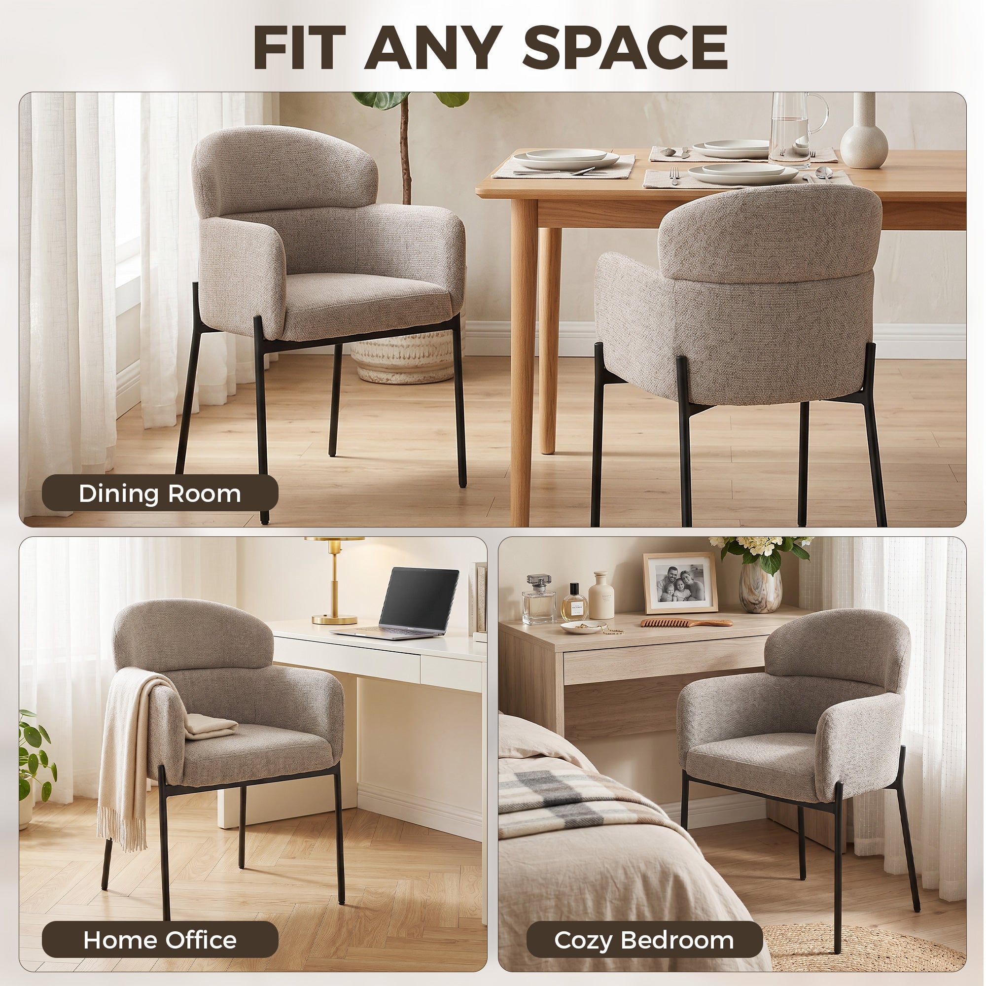 Chenille Accent Chair – Modern Upholstered Armchair with Metal Legs, Ergonomic Lounge Chair for Living Room & Bedroom, Light Brown
