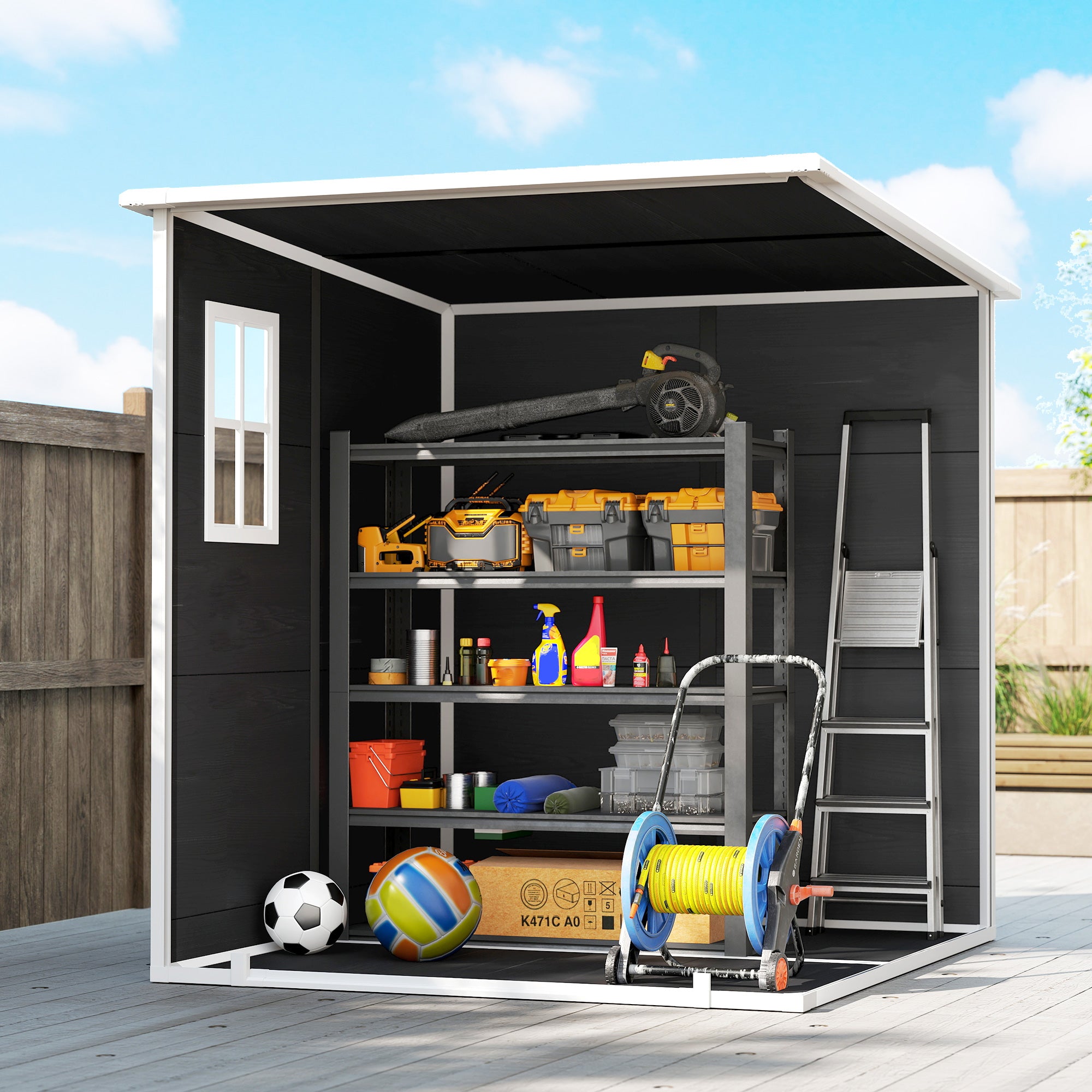 6 x 6 ft Wood-Effect Plastic Garden Shed with Floor, Three Windows, Lockable Doors & Vents, Gray