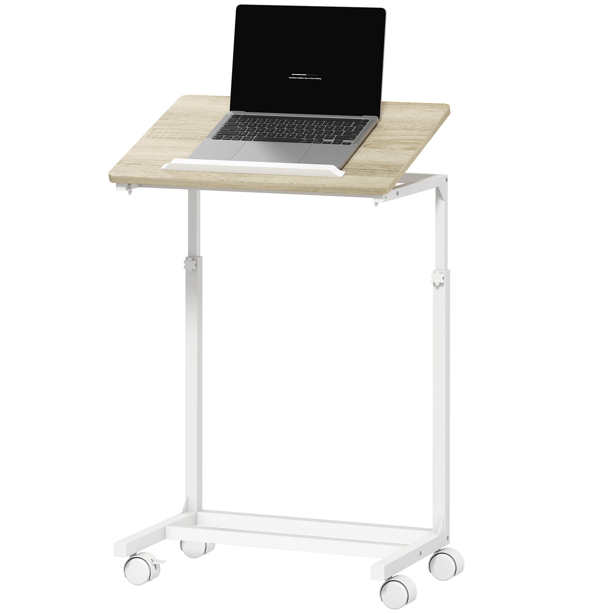 Rolling Side Table for Sofa with Adjustable Height Tilt Top and Metal Frame for Bedroom Living Room Office 55x36x62.5-82.5 cm Oak