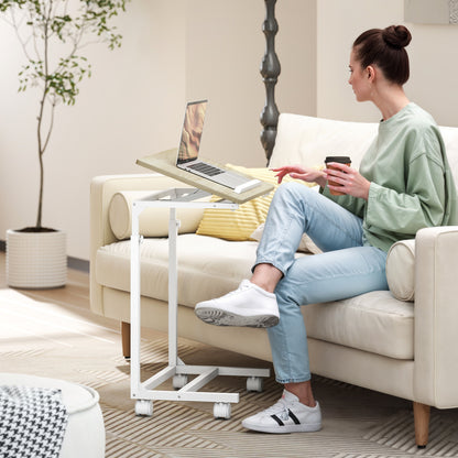 Rolling Side Table for Sofa with Adjustable Height Tilt Top and Metal Frame for Bedroom Living Room Office 55x36x62.5-82.5 cm Oak