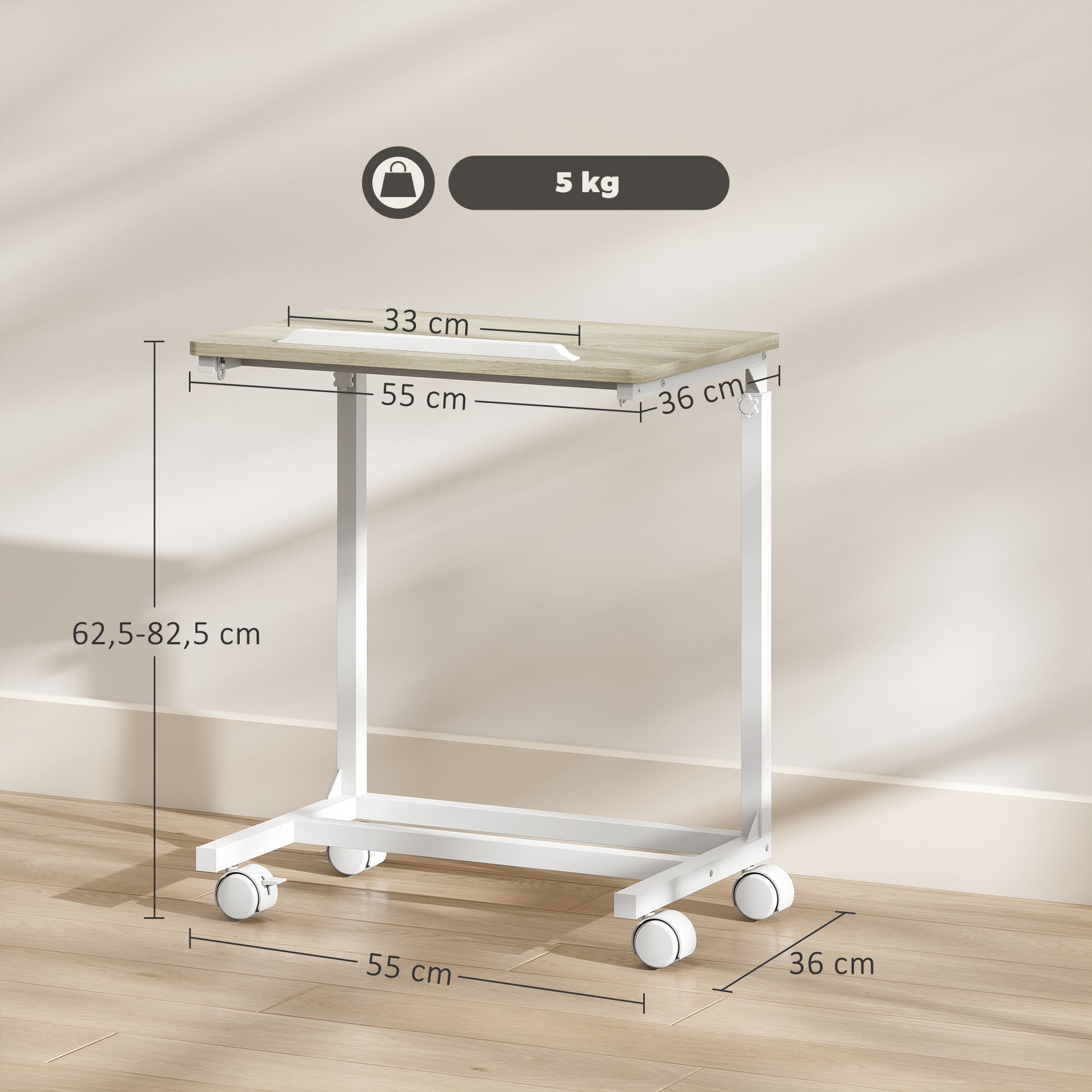 Rolling Side Table for Sofa with Adjustable Height Tilt Top and Metal Frame for Bedroom Living Room Office 55x36x62.5-82.5 cm Oak