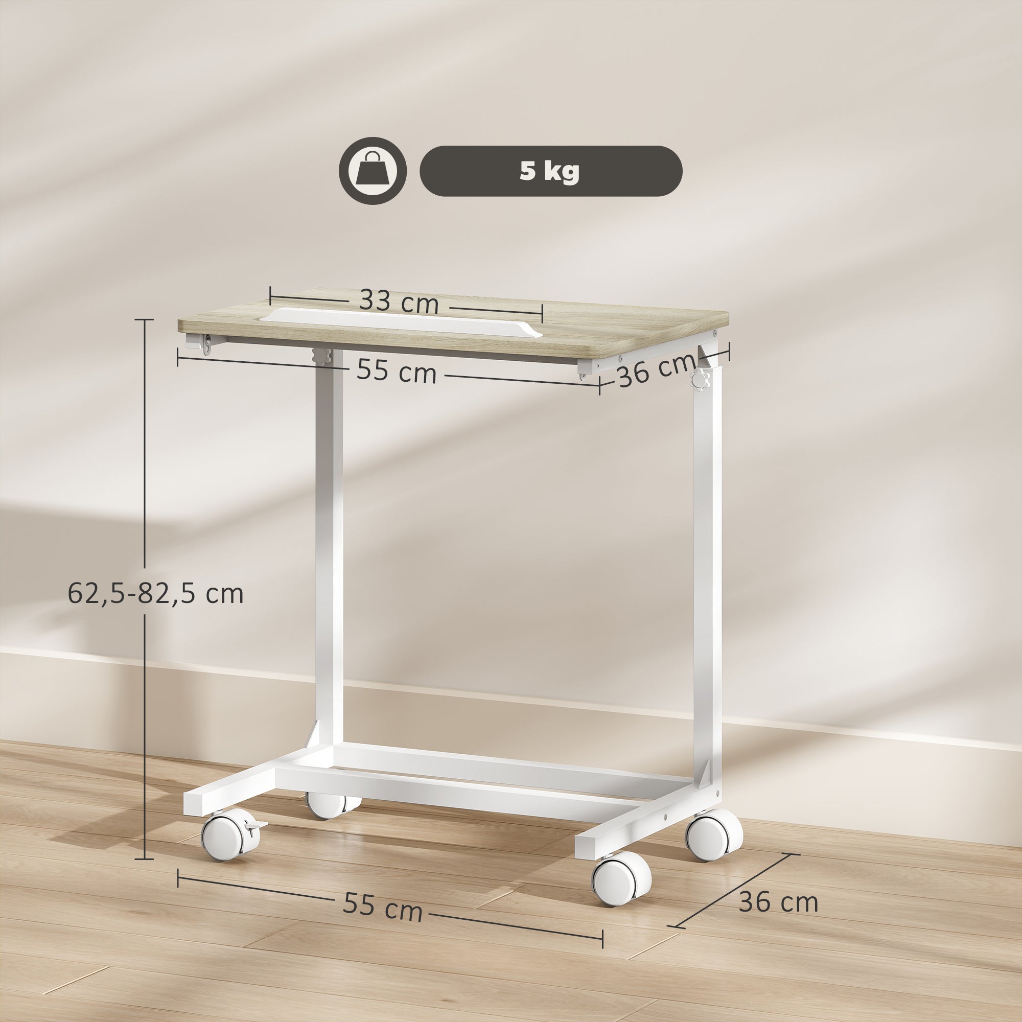 Rolling Side Table for Sofa with Adjustable Height Tilt Top and Metal Frame for Bedroom Living Room Office 55x36x62.5-82.5 cm Oak