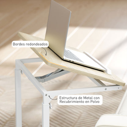 Rolling Side Table for Sofa with Adjustable Height Tilt Top and Metal Frame for Bedroom Living Room Office 55x36x62.5-82.5 cm Oak