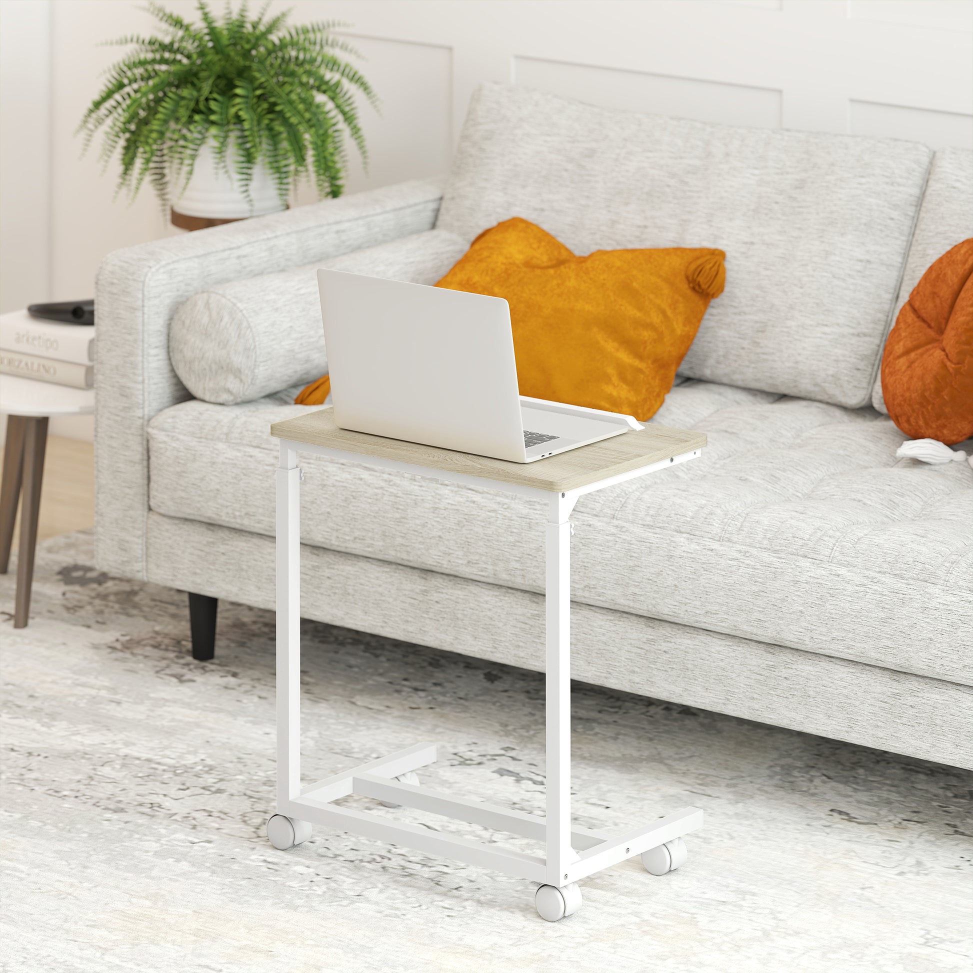 Rolling Side Table for Sofa with Adjustable Height Tilt Top and Metal Frame for Bedroom Living Room Office 55x36x62.5-82.5 cm Oak