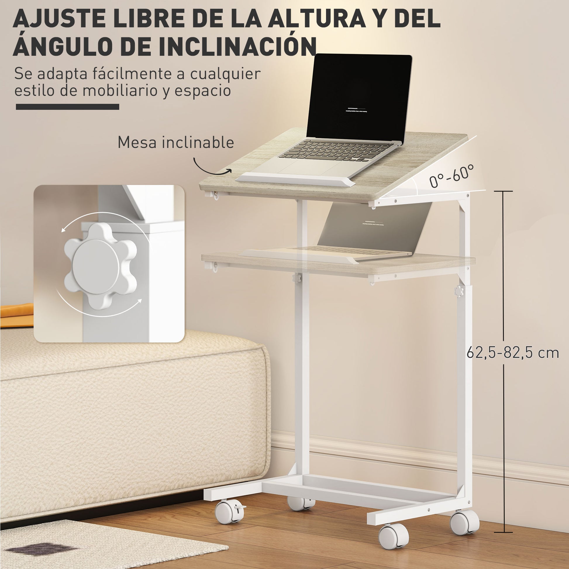 Rolling Side Table for Sofa with Adjustable Height Tilt Top and Metal Frame for Bedroom Living Room Office 55x36x62.5-82.5 cm Oak
