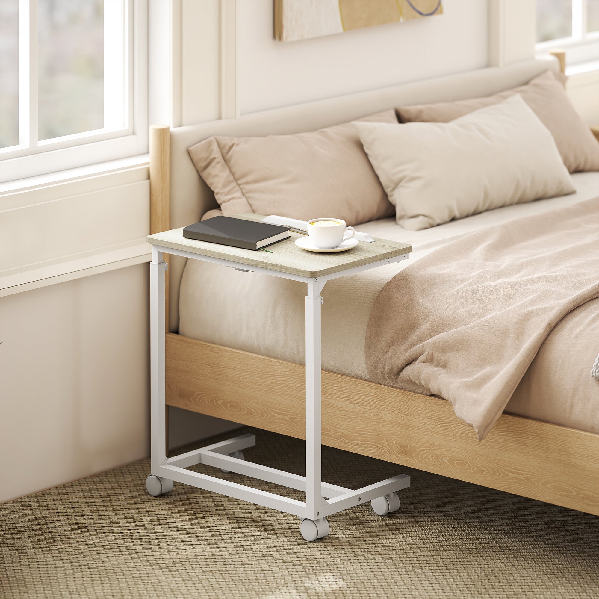 Rolling Side Table for Sofa with Adjustable Height Tilt Top and Metal Frame for Bedroom Living Room Office 55x36x62.5-82.5 cm Oak