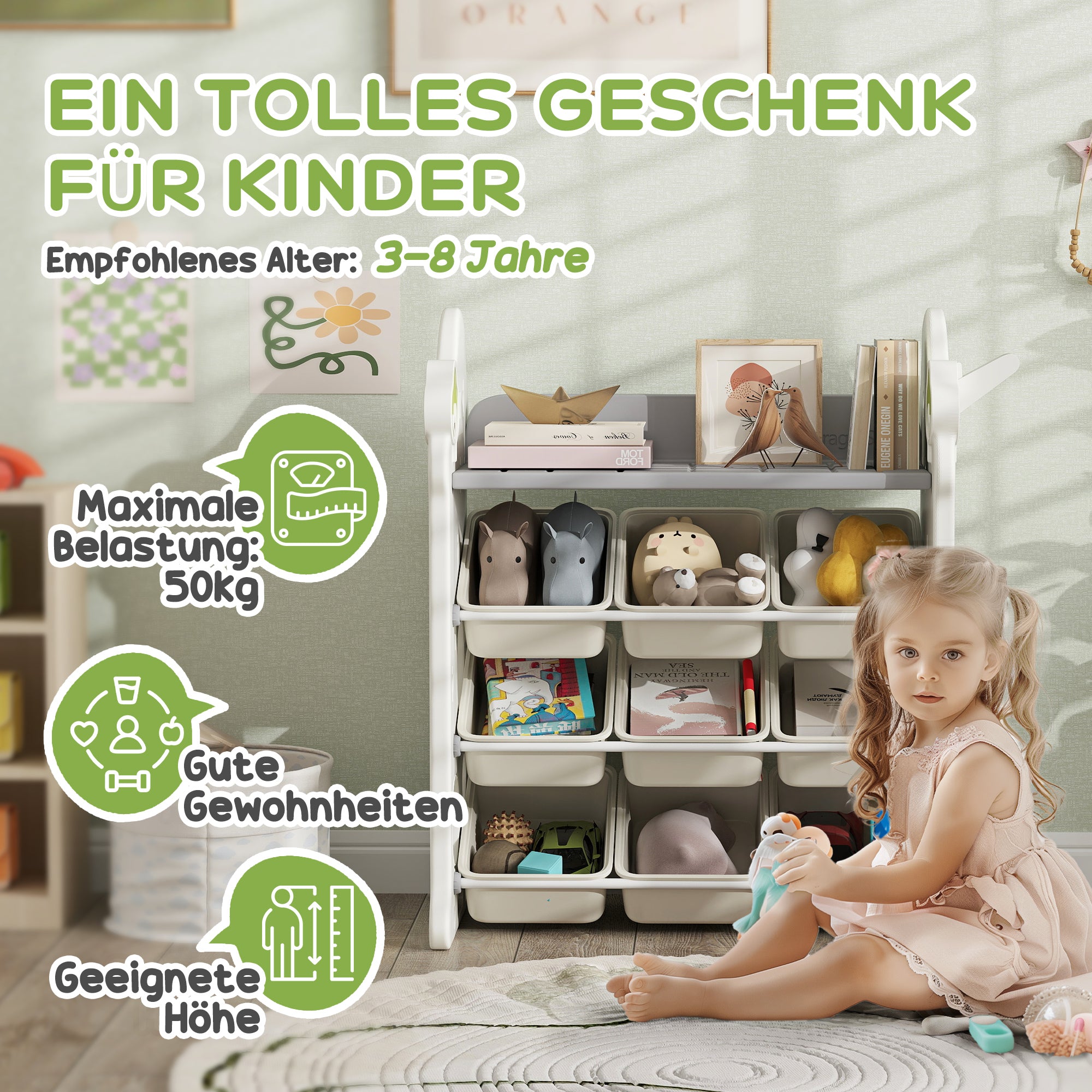 Children's Shelf 4-tier Toy Shelf with 9 Removable Boxes, Shelf, Hooks, Nursery Shelf Storage Shelf for Kindergarten, Playroom, 77 x 42 x 94 cm, Off-white