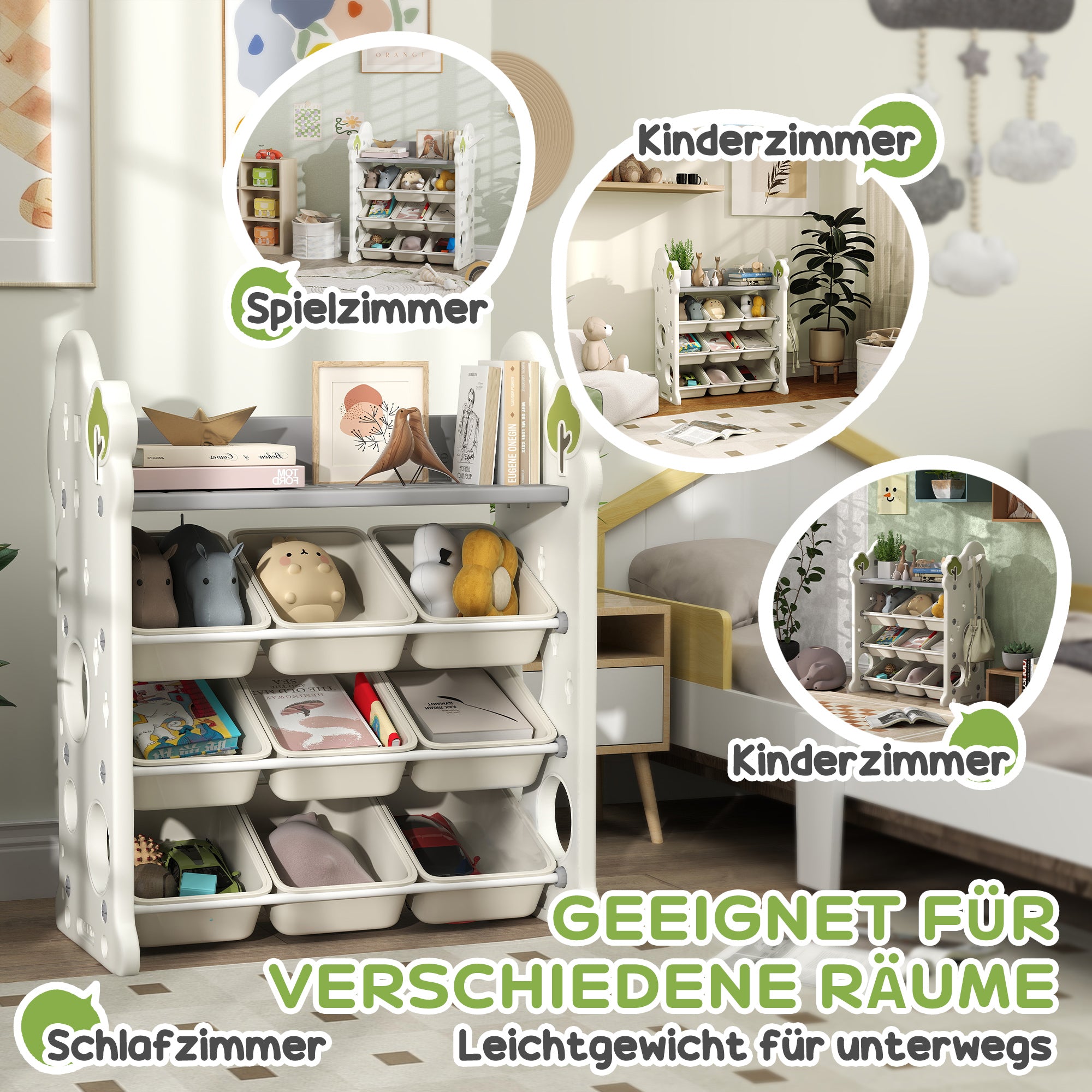 Children's Shelf 4-tier Toy Shelf with 9 Removable Boxes, Shelf, Hooks, Nursery Shelf Storage Shelf for Kindergarten, Playroom, 77 x 42 x 94 cm, Off-white