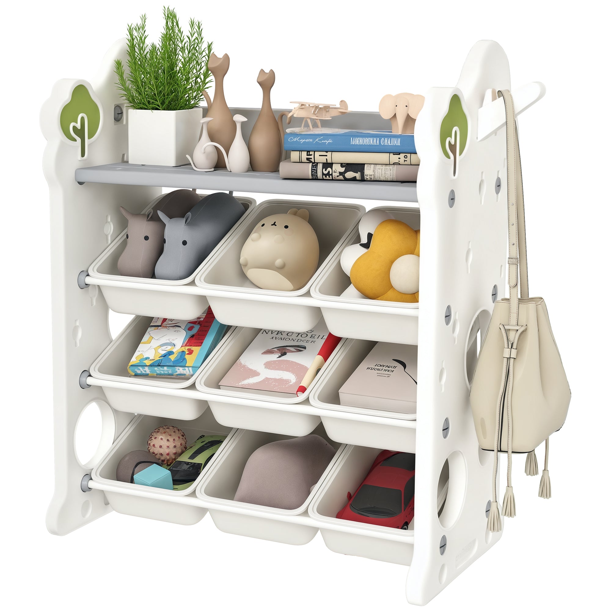 Children's Shelf 4-tier Toy Shelf with 9 Removable Boxes, Shelf, Hooks, Nursery Shelf Storage Shelf for Kindergarten, Playroom, 77 x 42 x 94 cm, Off-white