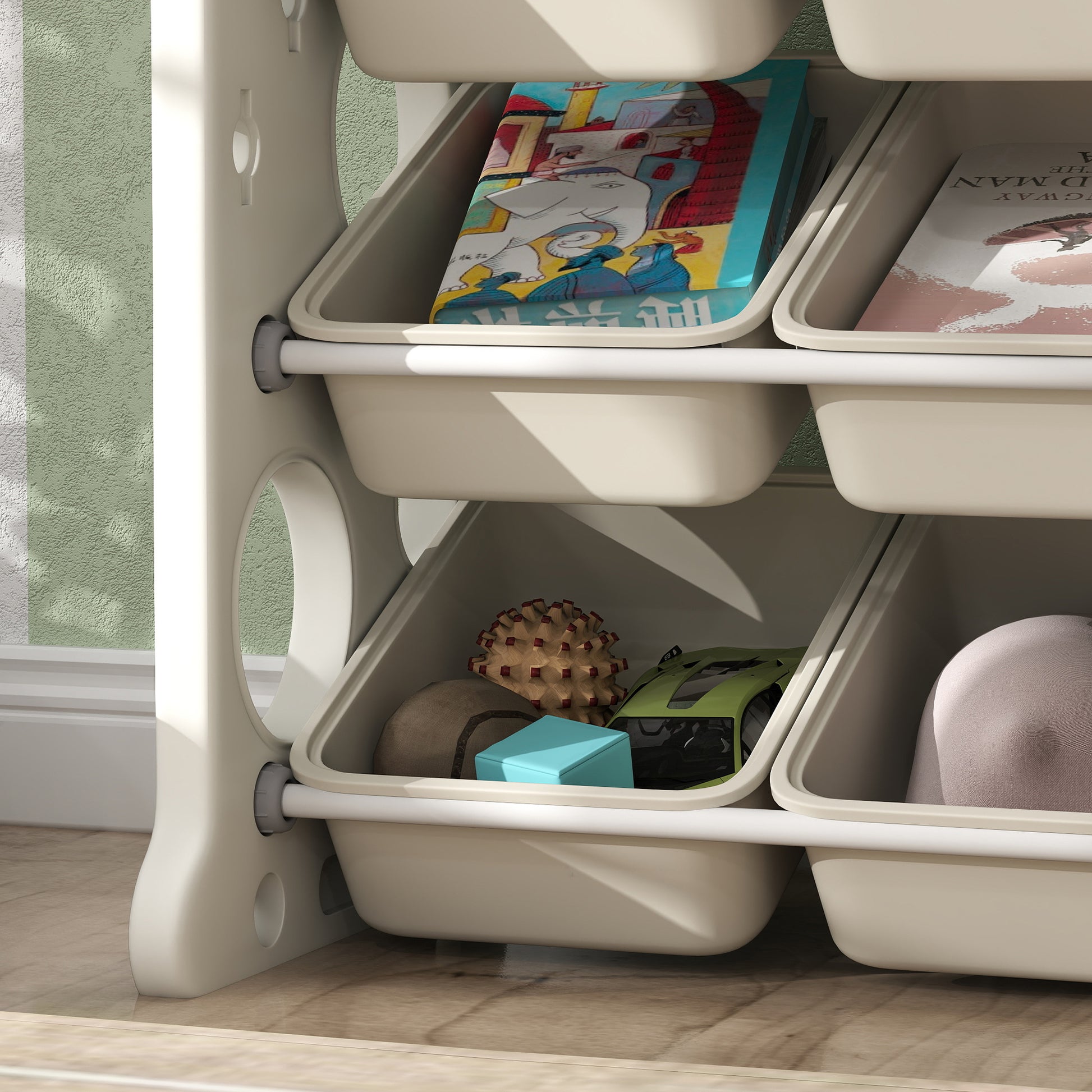 Children's Shelf 4-tier Toy Shelf with 9 Removable Boxes, Shelf, Hooks, Nursery Shelf Storage Shelf for Kindergarten, Playroom, 77 x 42 x 94 cm, Off-white