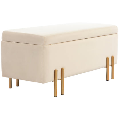 Upholstered Storage Bench with Velvet Look, Ottoman with Metal Legs, Chest Bench for Living Room Bedroom Hallway 100 x 40 x 42 cm, Beige