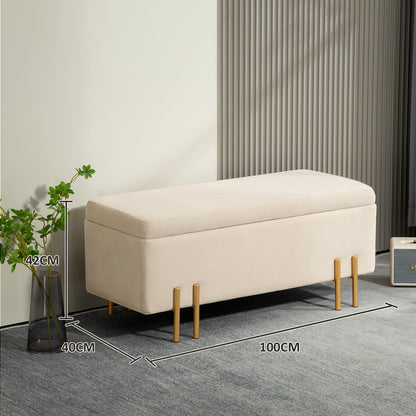 Upholstered Storage Bench with Velvet Look, Ottoman with Metal Legs, Chest Bench for Living Room Bedroom Hallway 100 x 40 x 42 cm, Beige