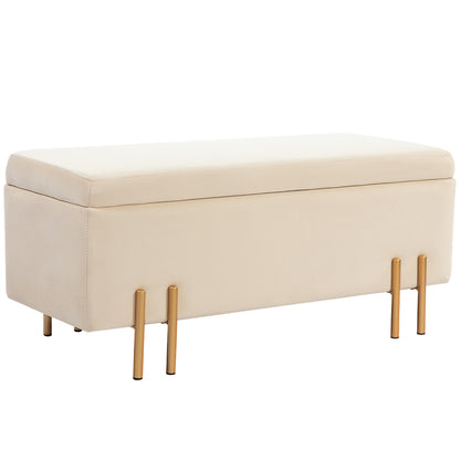 Upholstered Storage Bench with Velvet Look, Ottoman with Metal Legs, Chest Bench for Living Room Bedroom Hallway 100 x 40 x 42 cm, Beige