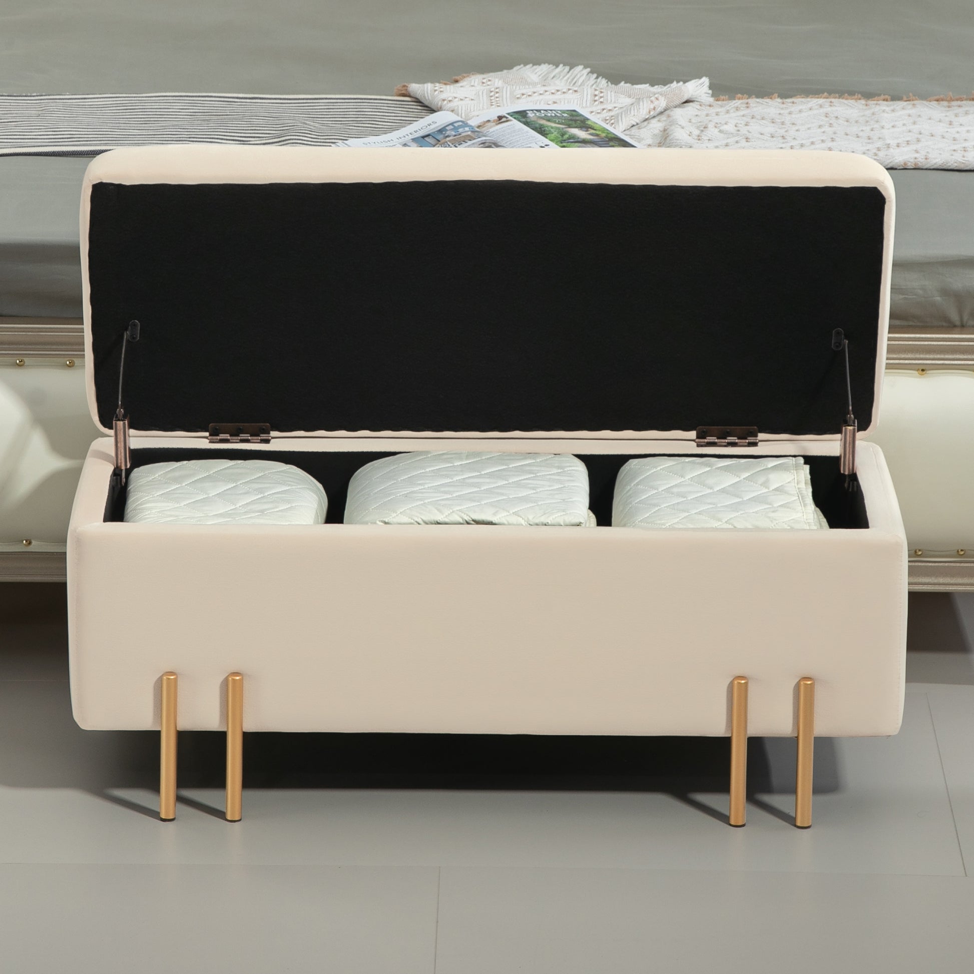 Upholstered Storage Bench with Velvet Look, Ottoman with Metal Legs, Chest Bench for Living Room Bedroom Hallway 100 x 40 x 42 cm, Beige
