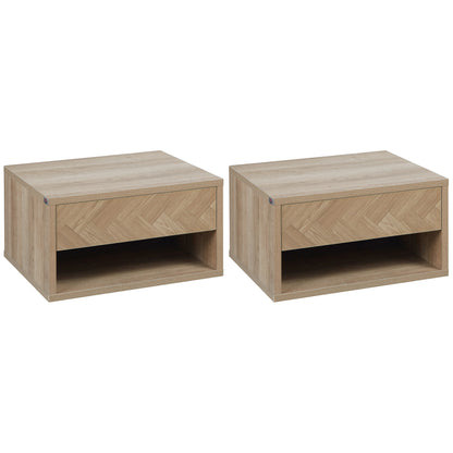 Set of 2 Floating Nightstands Bedside Tables with Drawer for Bedroom Living Room 37x32x21 cm Natural Wood
