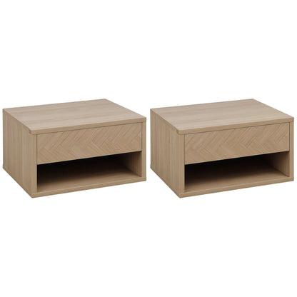 Set of 2 Floating Nightstands Bedside Tables with Drawer for Bedroom Living Room 37x32x21 cm Natural Wood