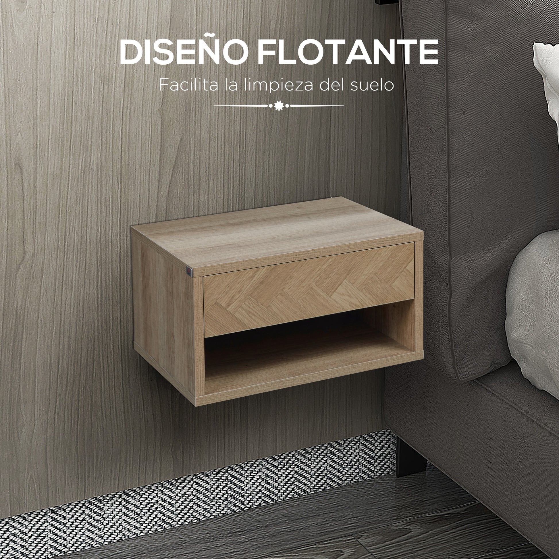 Set of 2 Floating Nightstands Bedside Tables with Drawer for Bedroom Living Room 37x32x21 cm Natural Wood