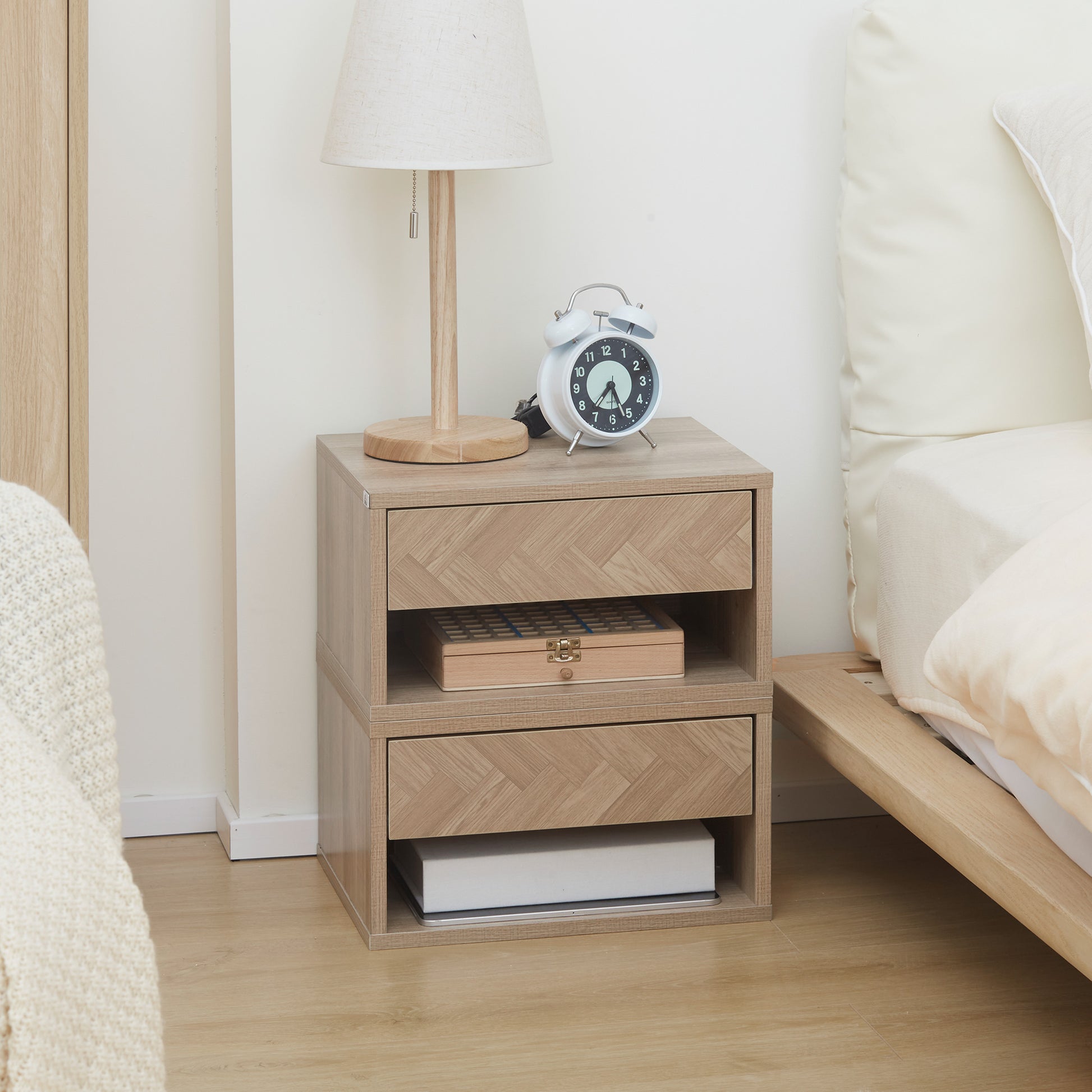 Set of 2 Floating Nightstands Bedside Tables with Drawer for Bedroom Living Room 37x32x21 cm Natural Wood