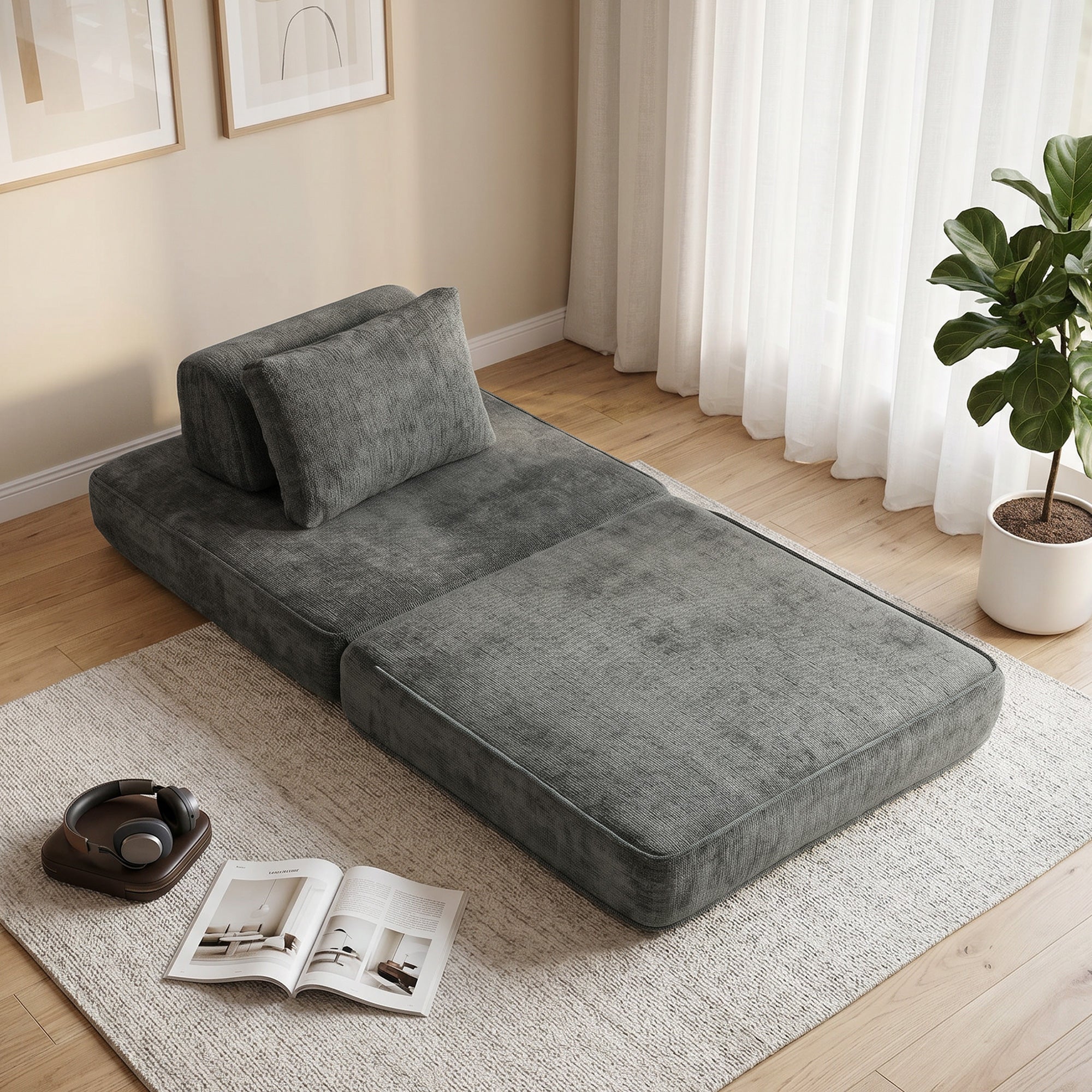 2-in-1 Folding Single Sofa Bed – Chenille Floor Chair with Thick Foldable Mattress, Removable Pillow & Backrest, Compressed, No Assembly, Gray