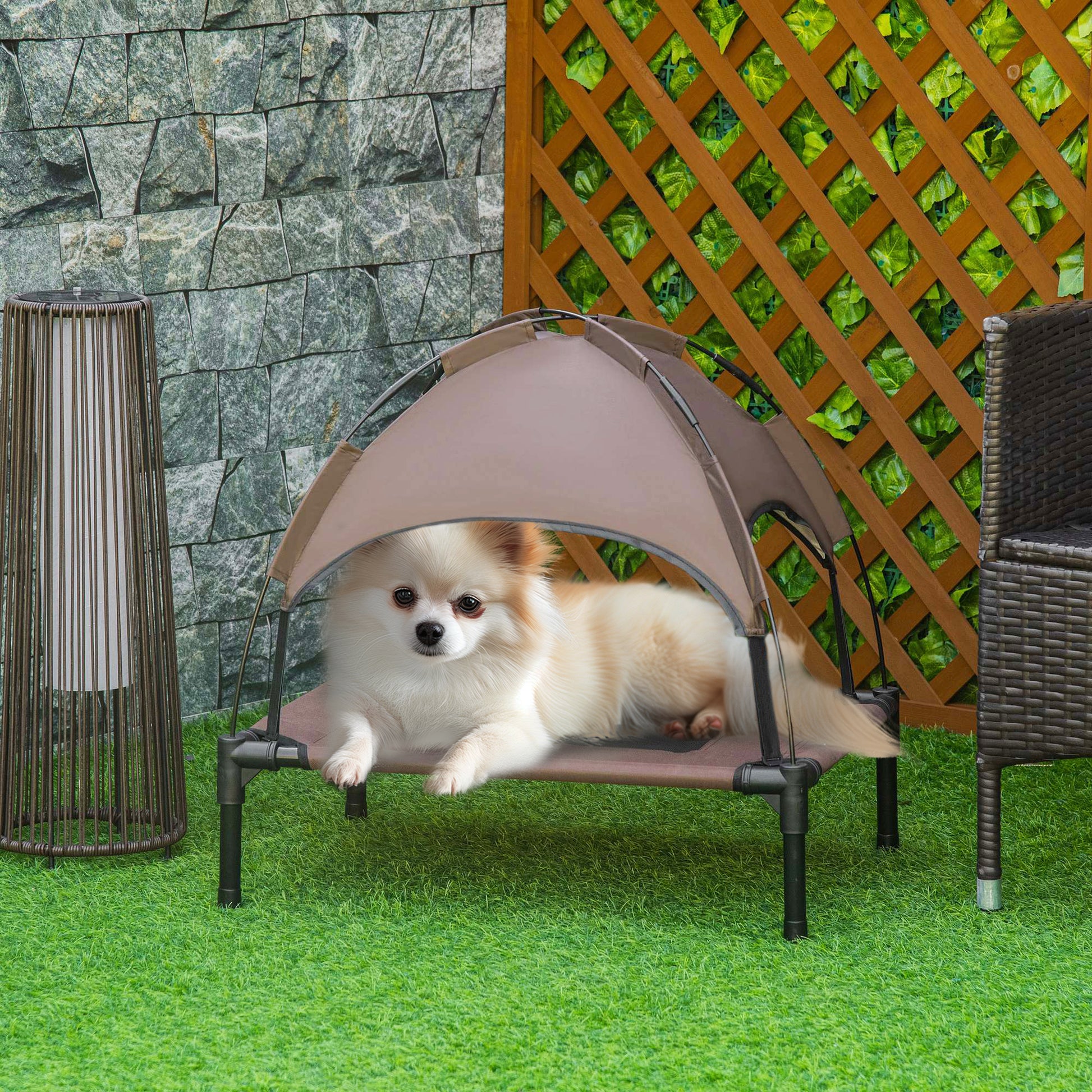 Elevated Dog Bed with Canopy, Pet Bed, Outdoor Dog Lounger with Roof, Breathable, Taft Fabric for Camping Coffee 61 x 46 x 62 cm