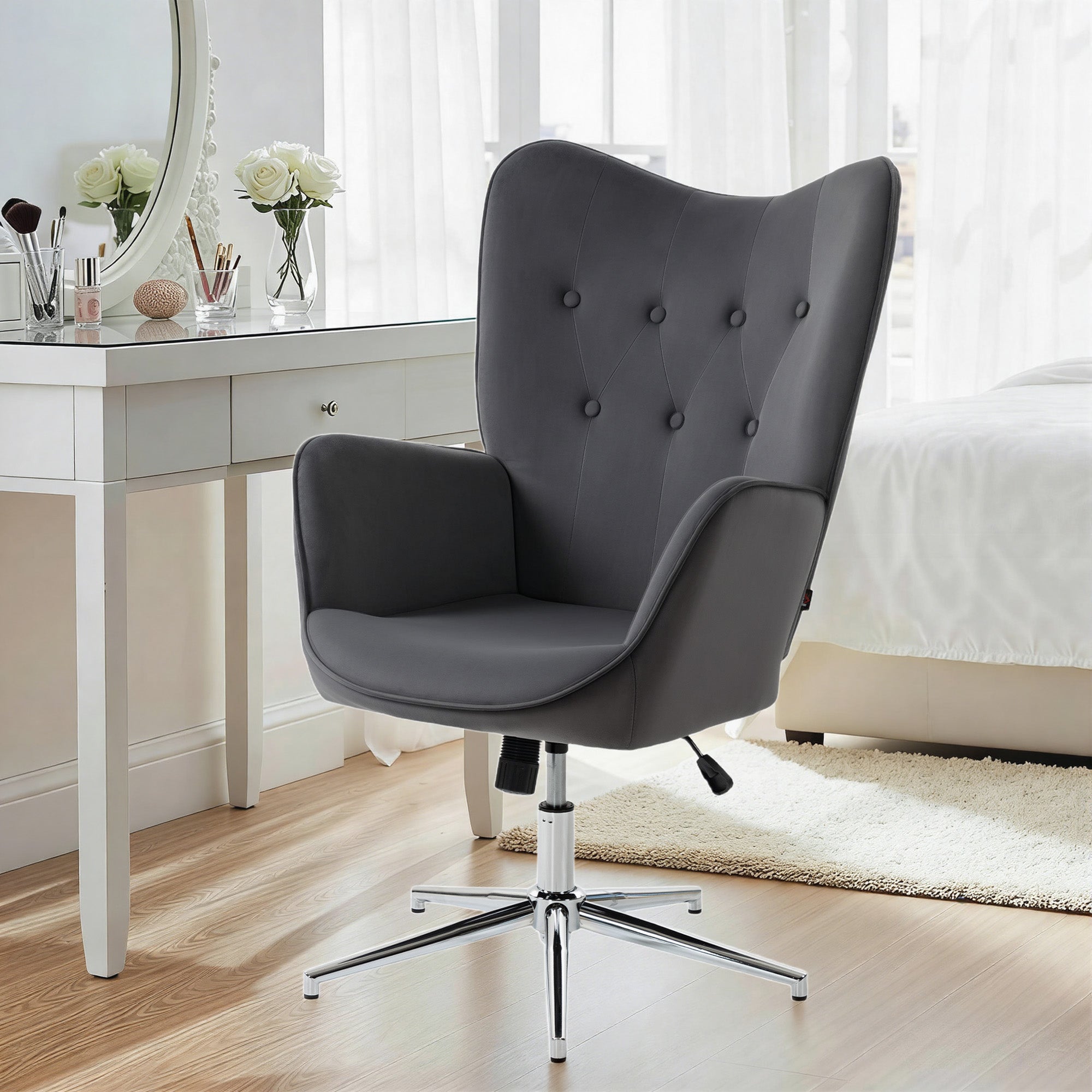 Velvet Accent Swivel Chair — Padded, Height-Adjustable with Armrests, Rocking Function, Dark Gray