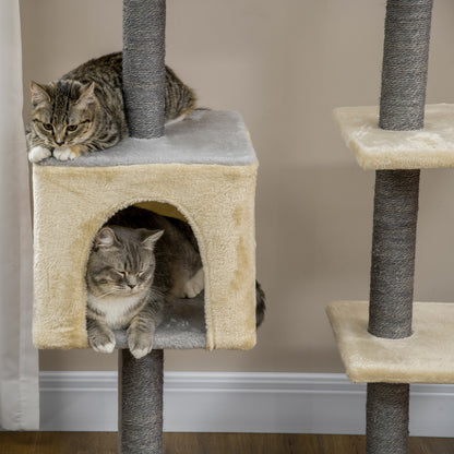 156cm High Cat Scratching Post with Lounge Bed, House, Sisal Scratching Posts, Wood, and Plush, Grey and Beige