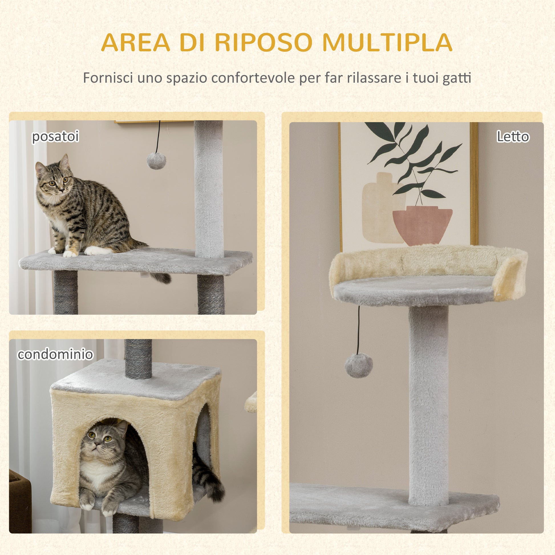 156cm High Cat Scratching Post with Lounge Bed, House, Sisal Scratching Posts, Wood, and Plush, Grey and Beige