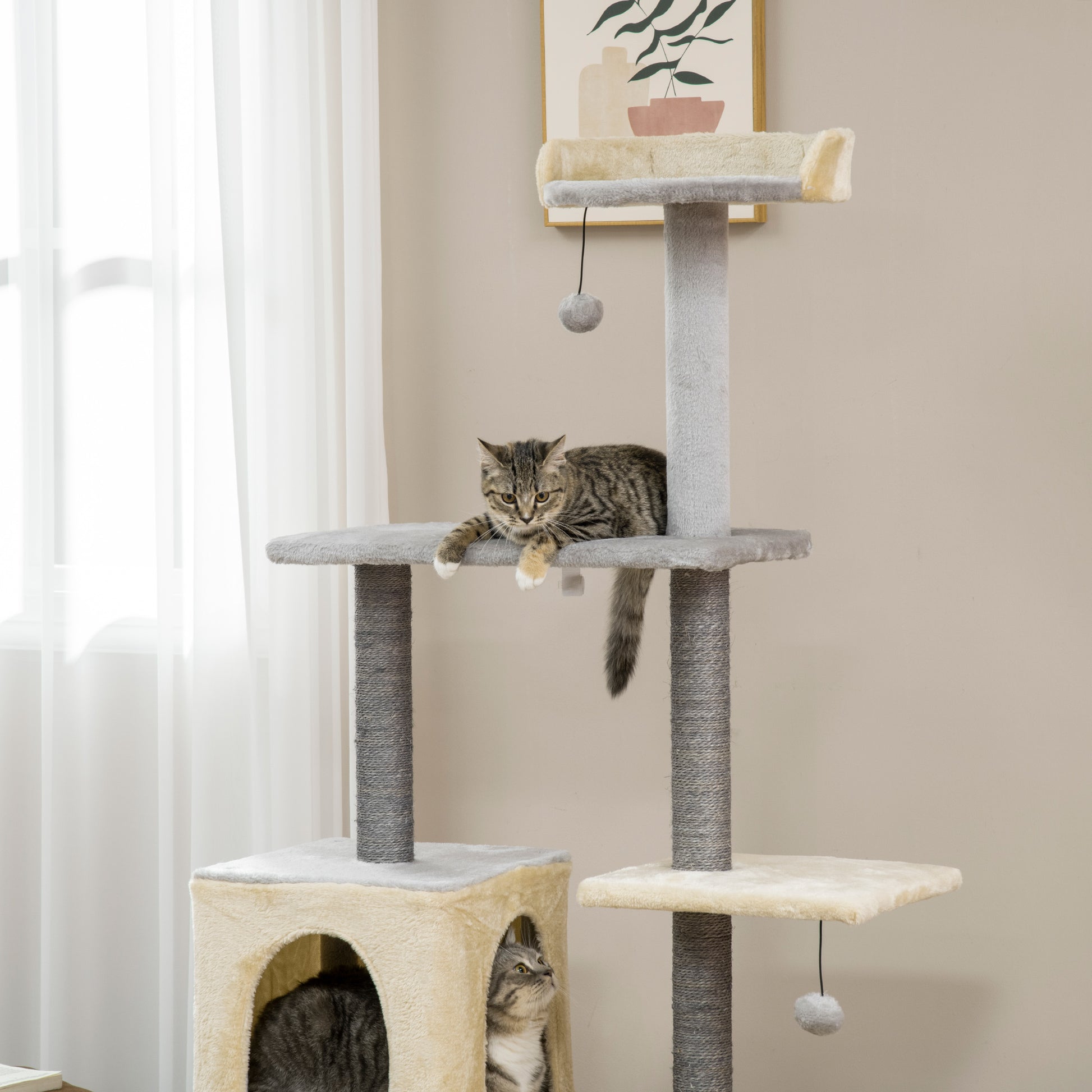 156cm High Cat Scratching Post with Lounge Bed, House, Sisal Scratching Posts, Wood, and Plush, Grey and Beige