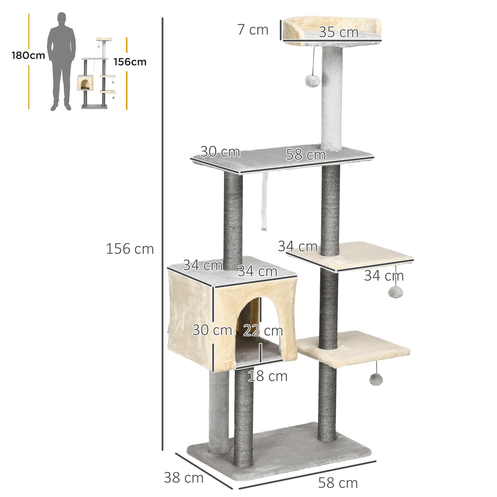 156cm High Cat Scratching Post with Lounge Bed, House, Sisal Scratching Posts, Wood, and Plush, Grey and Beige