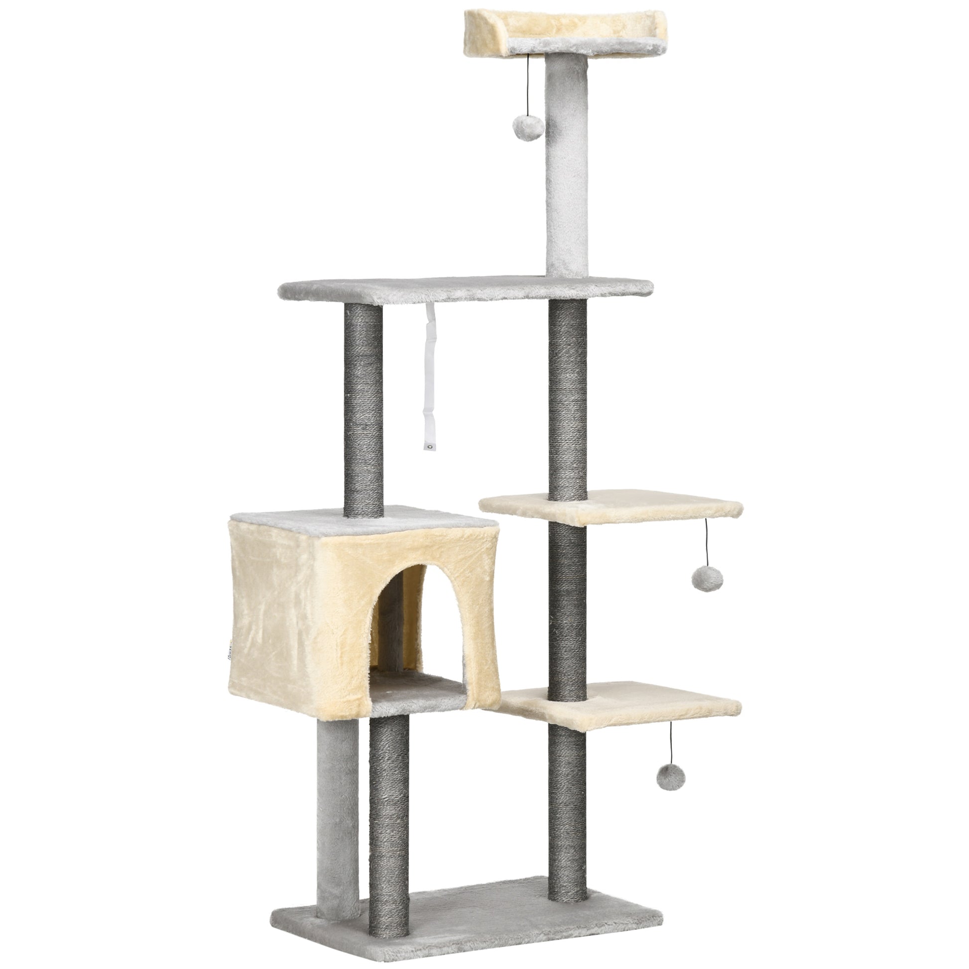 156cm High Cat Scratching Post with Lounge Bed, House, Sisal Scratching Posts, Wood, and Plush, Grey and Beige