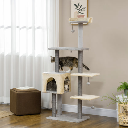 156cm High Cat Scratching Post with Lounge Bed, House, Sisal Scratching Posts, Wood, and Plush, Grey and Beige