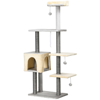 156cm High Cat Scratching Post with Lounge Bed, House, Sisal Scratching Posts, Wood, and Plush, Grey and Beige