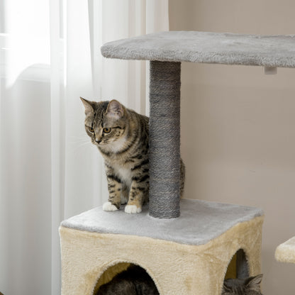 156cm High Cat Scratching Post with Lounge Bed, House, Sisal Scratching Posts, Wood, and Plush, Grey and Beige