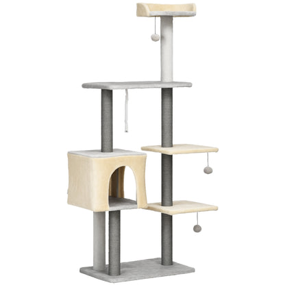 156cm High Cat Scratching Post with Lounge Bed, House, Sisal Scratching Posts, Wood, and Plush, Grey and Beige