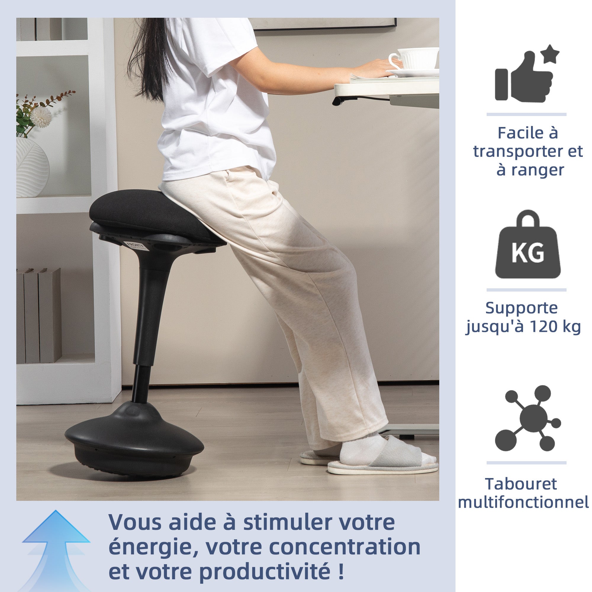 Standing Desk Stool, Ergonomic Stool, Height Adjustable 70-90 cm, 360° Swivel Seat, Wide Base, with Non-Slip Pads, Padded Cushion, Black