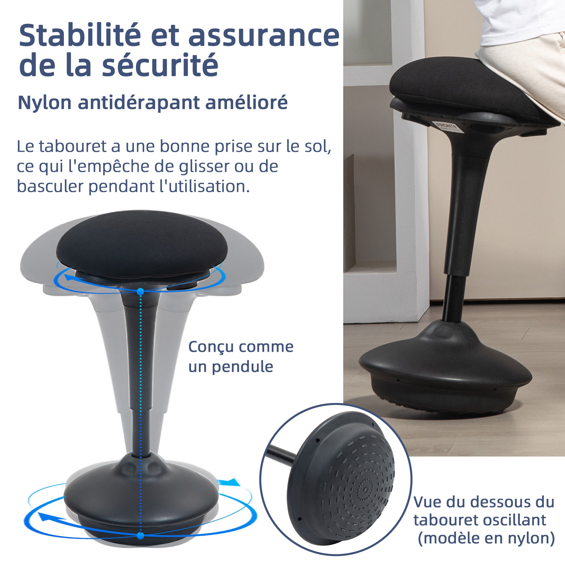 Standing Desk Stool, Ergonomic Stool, Height Adjustable 70-90 cm, 360° Swivel Seat, Wide Base, with Non-Slip Pads, Padded Cushion, Black